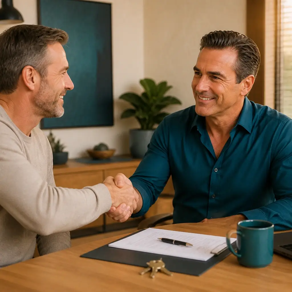 Agent and client shaking hands over closing papers and a set of house keys