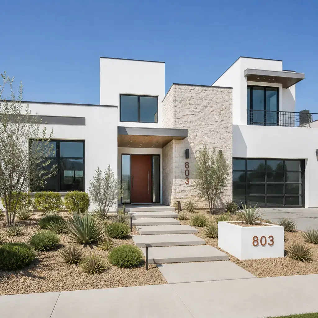 White contemporary home with stone tower and sculpted garden